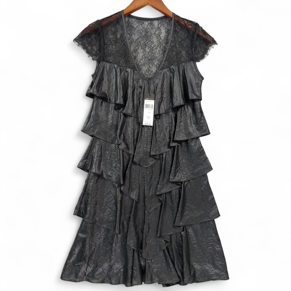 BCBG Maxazria Dress XS Black Ruffle Tiered Lace Overlay Short Sleeve Party